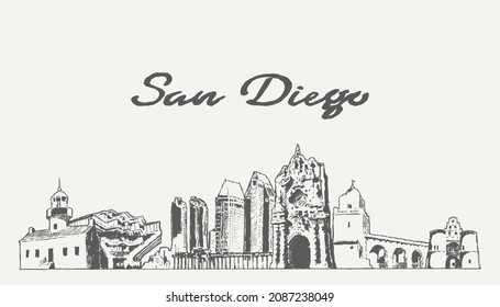 San Diego skyline, California, USA, hand drawn vector illustration, sketch