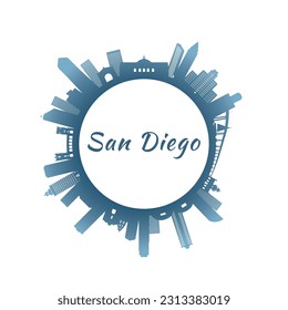 San Diego skyline with colorful buildings. Circular style. Stock vector illustration.