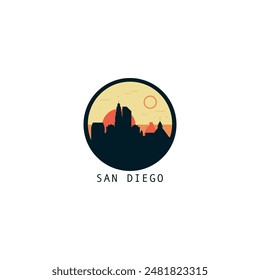 San Diego skyline, downtown panorama logo, logotype. USA, California state round badge contour, isolated vector vintage pictogram with monuments, landmarks