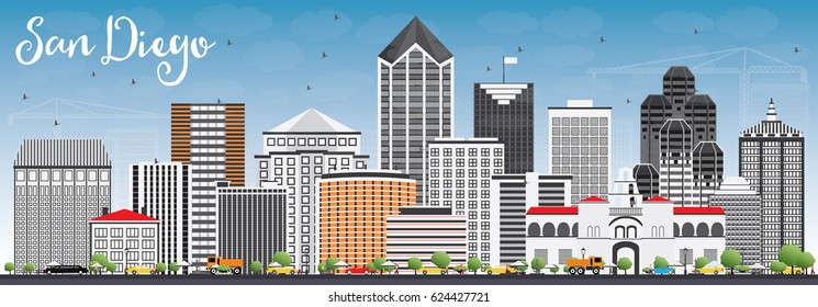 San Diego Skyline with Gray Buildings and Blue Sky. Vector Illustration. Business Travel and Tourism Concept with Modern Architecture. Image for Presentation Banner Placard and Web Site.