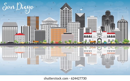 San Diego Skyline with Gray Buildings, Blue Sky and Reflections. Vector Illustration. Business Travel and Tourism Concept with Modern Architecture. Image for Presentation Banner Placard and Web Site.