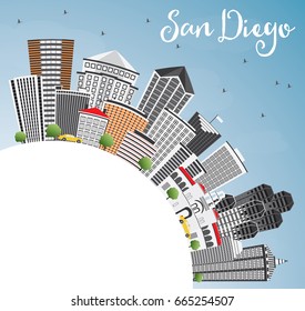 San Diego Skyline with Gray Buildings, Blue Sky and Copy Space. Vector Illustration. Business Travel and Tourism Concept with Modern Architecture. Image for Presentation Banner Placard and Web Site.