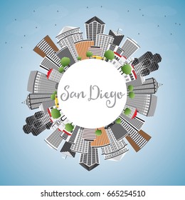 San Diego Skyline with Gray Buildings, Blue Sky and Copy Space. Vector Illustration. Business Travel and Tourism Concept with Modern Architecture. Image for Presentation Banner Placard and Web Site.