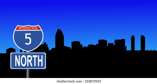 San Diego skyline with interstate 5 sign vector illustration