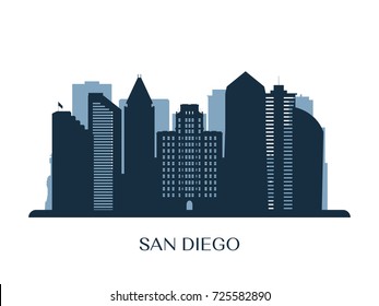 San Diego skyline, monochrome silhouette. Vector illustration.