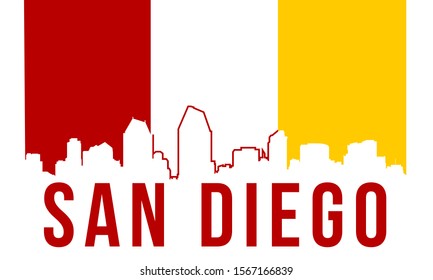 San Diego skyline silhouette background, vector illustration and flag in background