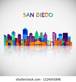 Die Silhouette der Skyline von San Diego im bunten geometrischen Stil. Symbol für Ihr Design. Vektorgrafik.