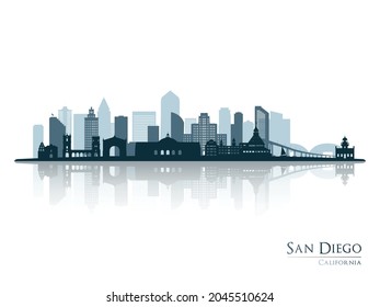 Silueta de perfil de San Diego con reflexión. Paisaje San Diego, California. Ilustración vectorial.