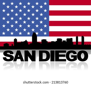 San Diego skyline and text reflected with American flag vector illustration