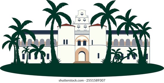 San diego state university main academic building illustration architecture with palm trees front of it. white color building abstract digital art for print. 