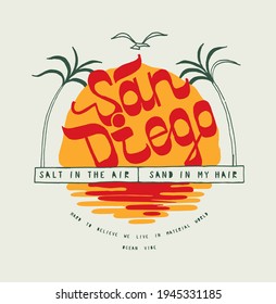 San Diego sun set tropical surfing t-shirt print with palm trees and a bird and typography quote.