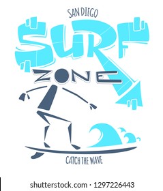 San Diego Surf zone. Catch the wave. Surfing print T shirt graphics.