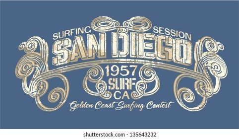 San Diego Surfing company - Vintage vector artwork for boy t shirt in custom colors