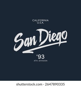 San Diego Typography Design, California U.S.A. Ath. Division, Retro City ’93 Script Font, Urban Style Graphic for T-Shirt Print, Sticker, Poster, Vector Fashion Art
