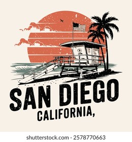 San Diego typography with palms tree illustration for t-shirt print , vector illustration.T shirt graphic. California Ocean side stylish t-shirt and apparel trendy design with palm trees silhouettes, 