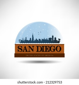 San Diego, United States of America city skyline silhouette in snow globe. Vector design.