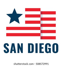 San diego, with usa flag, flat vector icon, logo design illustration, banner on white background. Can be used for public holidays in the United States also for theme about tourism.