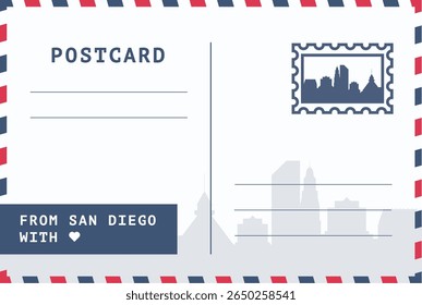 De San Diego, EUA modelo de cartão postal. Ilustração de cartão-postal vetorial com carimbo, ponto de referência, mensagem. Layout de imagem simples de saudações simples