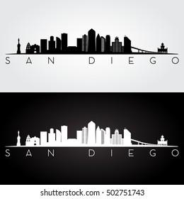 San Diego USA skyline and landmarks silhouette, black and white design, vector illustration.