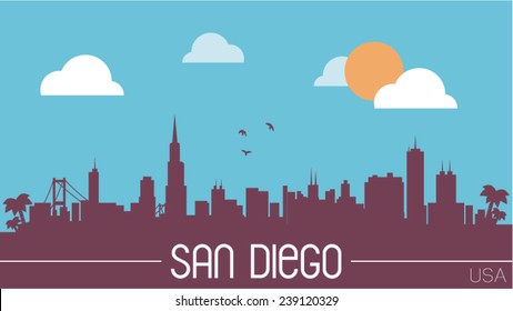 San Diego USA skyline silhouette flat design vector illustration.