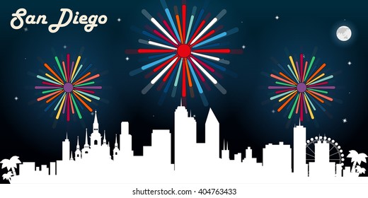 San Diego USA skyline silhouette vector design, dark night sky with fireworks