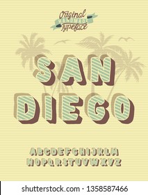 
San Diego. Vintage 3D Modern Alphabet. Retro Typeface. Vector Font Illustration.