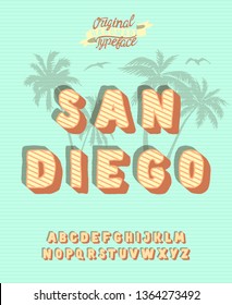 San Diego. Vintage 3D Modern Alphabet. Retro Typeface. Vector Font Illustration.