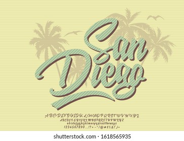 San Diego. Vintage 3D Modern Alphabet. Retro Typeface. Vector Font Illustration.