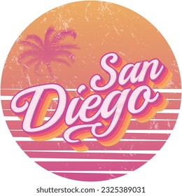 San Diego Vintage Text with Sunset retro colors Typography text in grunge style theme, vector design on white background.