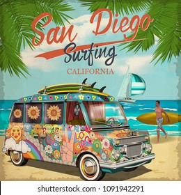 San Diego,California poster with retro bus.