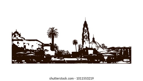 San Diego's Balboa Park Bell Tower in San Diego City in California, USA. Hand drawn sketch illustration in vector.