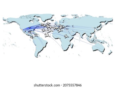 San Diego-United States of America in concept vector illustration, map showing flights from San Diego-United States of America to major cities around the world.