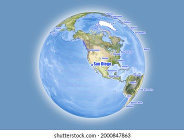 San Diego-United States of America is shown on vector globe map. The map shows San Diego-United States of America 's location in the world.