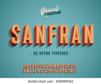 "San Fran" Vintage 3d Premium Rich Textured Alphabet. Super Detailed Retro Typeace with Good Summner Vibes. Vector Illustration. Slanted Version.