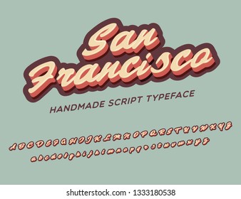 San Francisco. 3D vintage script font. Retro typeface. Vector font illustration. Comics style.