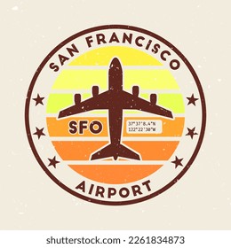 San Francisco airport insignia. Round badge with vintage stripes, airplane shape, airport IATA code and GPS coordinates. Neat vector illustration.