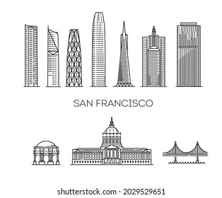 Ilustración de líneas de la arquitectura de San Francisco. Paisaje vectorial lineal con puntos de referencia famosos