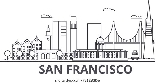 San Francisco architecture line skyline illustration. Linear vector cityscape with famous landmarks, city sights, design icons. Landscape wtih editable strokes