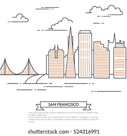 San Francisco banner with city landscape and famous bridge Golden Gate. Flat vector illustration isolated on white background.