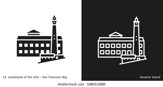 San Francisco Bay - Alcatraz Island. Famous American landmark icon in line and glyph style.