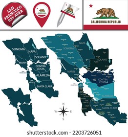 San Francisco Bay Area in Kalifornien, USA mit Namen Regionen und Reisesymbole. Vektorbild