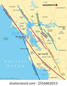 San Francisco Bay Area, major fault lines, political map. The Bay Area, traversed by major fault systems, stressed by the relative motion between Pacific and North America Plate, causing earthquakes.