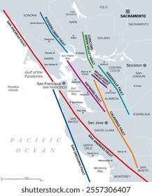 San Francisco Bay Area, major fault lines, gray political map. Bay Area, traversed by major fault systems, stressed by the relative motion between Pacific and North America Plate, causing earthquakes.