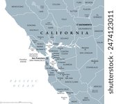 San Francisco Bay Area, region of the U.S. state California, gray political map with counties and largest cities. Area that surrounds and include the San Francisco Bay, which is a large tidal estuary.