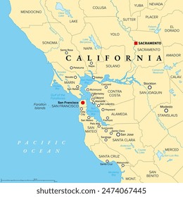 San Francisco Bay Area, a region of the U.S. state California, political map with counties and largest cities. An area that surrounds and include the San Francisco Bay, which is a large tidal estuary.