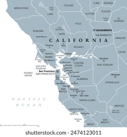 San Francisco Bay Area, region of the U.S. state California, gray political map with counties and largest cities. Area that surrounds and include the San Francisco Bay, which is a large tidal estuary.