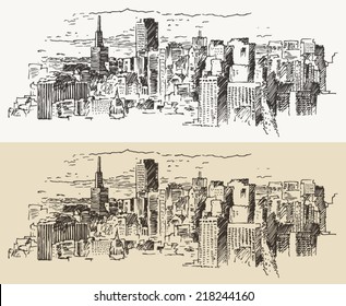 San Francisco, big city architecture, vintage engraved illustration, hand drawn, sketch