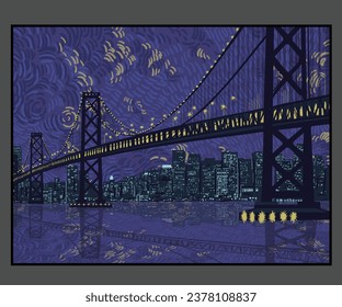 san francisco bridge with cityscape vector illustration, american cityscape vector art, illustrat3, starry night city view artwork for graphic print, poste, hand drawn city light landscape  