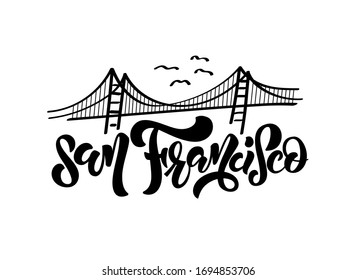 San Francisco bridge flat hand drawn illustration. American cartoon landmark, tourist attraction, famous place isolated on white background. USA travel. California Golden Gate doodle drawing