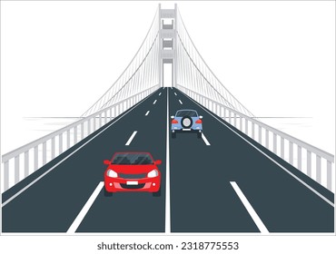 San Francisco Bridge and high-speed driving red car. Red car driving fast on bridge during hard rain with storm clouds as background, transportation and travel.